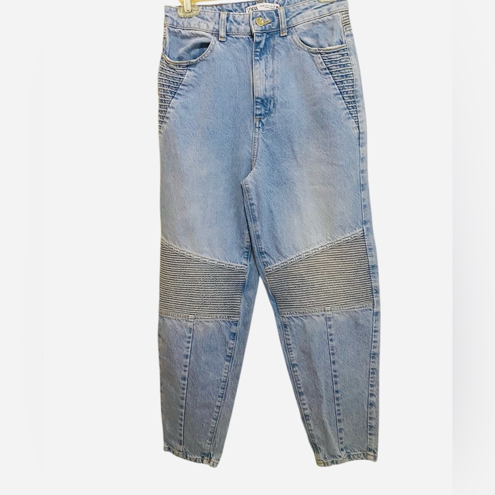 ZARA Size 4-26” Waist‎ Barrel Leg High Rise Mom Moto Ankle Jeans Pleated Detail - Picture 3 of 8